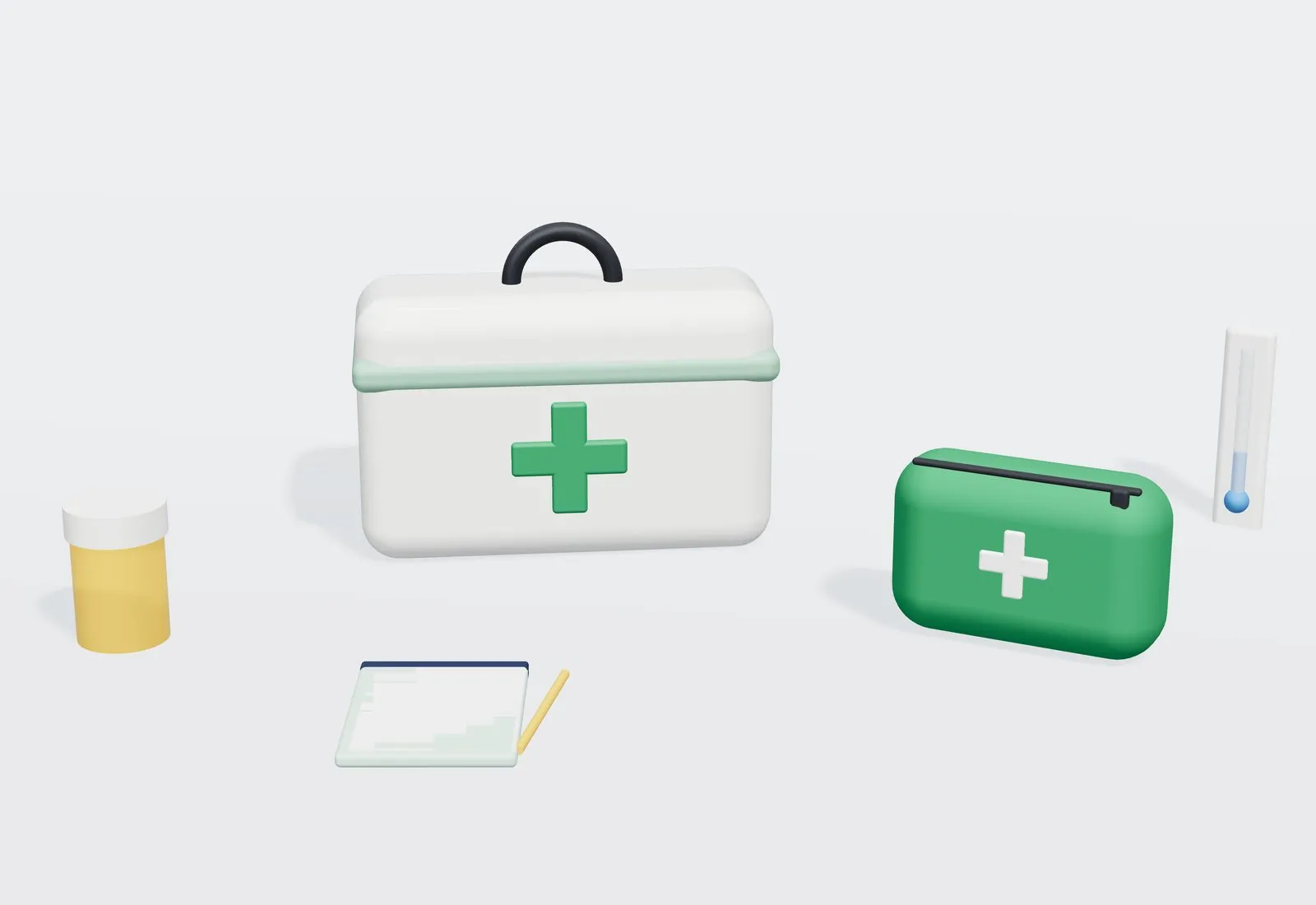 Una caja de botiquín blanca con cruz verde junto a una bolsa de primeros auxilios verde, un termómetro, un bote de pastillas y una libreta.