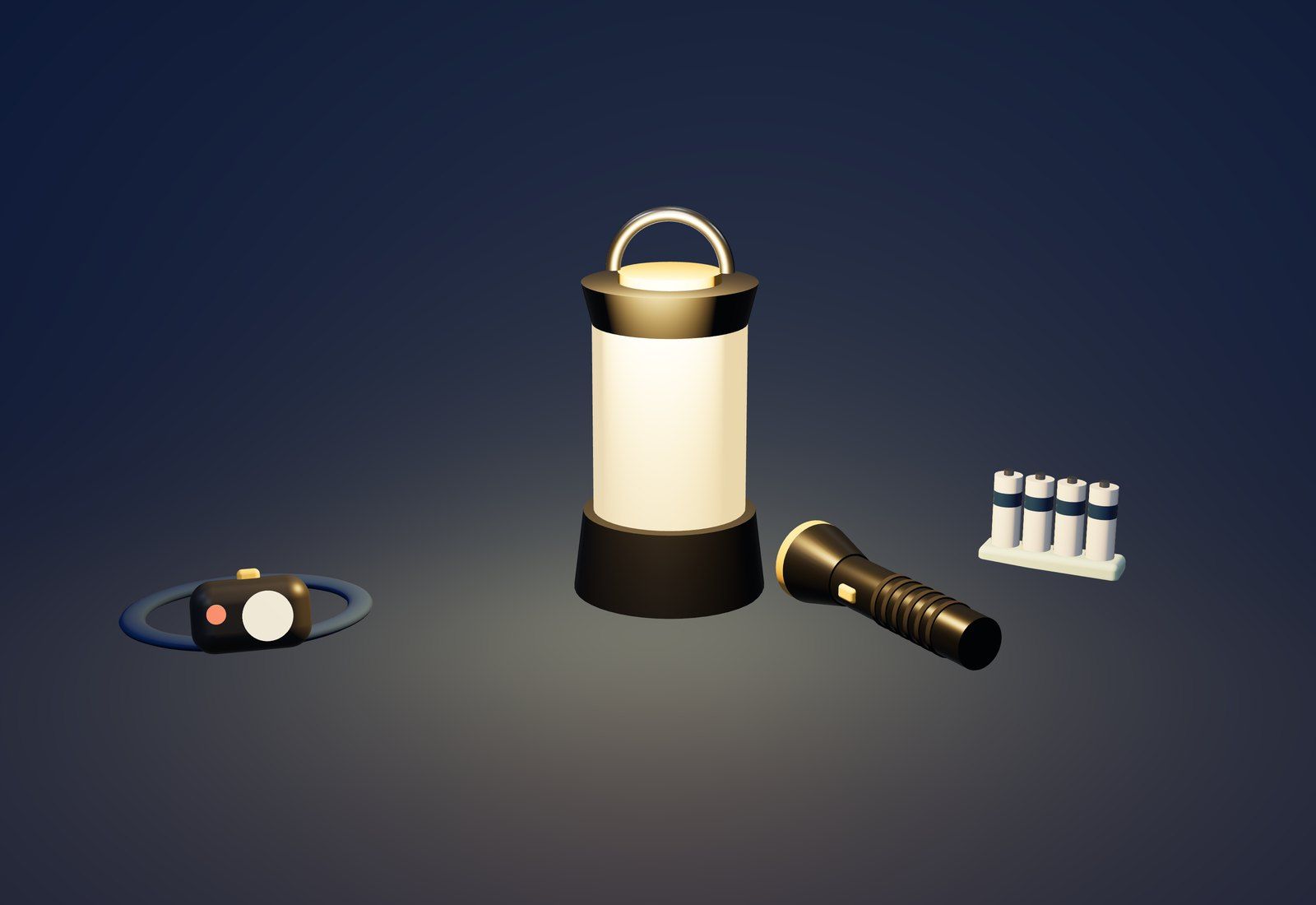 Farol encendido en la oscuridad junto a una linterna frontal, una linterna de mano y un cargador de pilas.