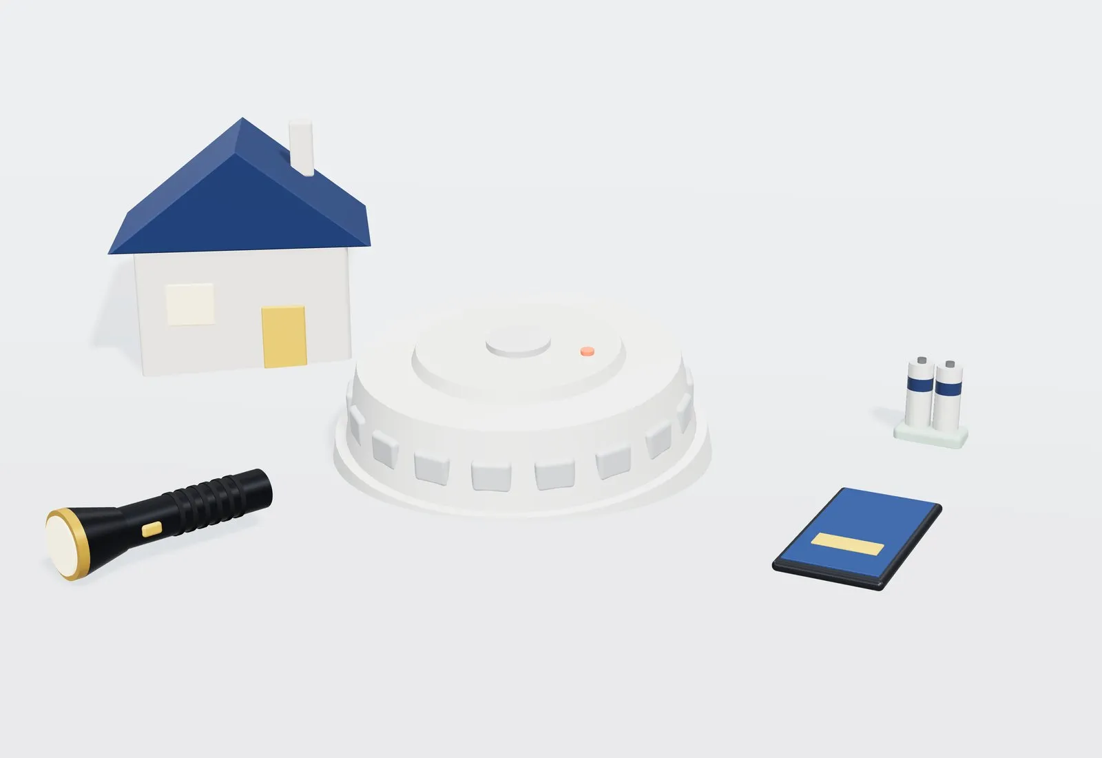 Detector de humo blanco en primer plano junto a un teléfono móvil, una linterna, pilas y una pequeña casa.