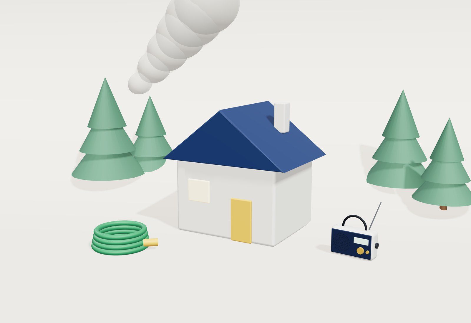 Una casa junto a un bosque con una manguera enrollada, una mochila y mascarillas.