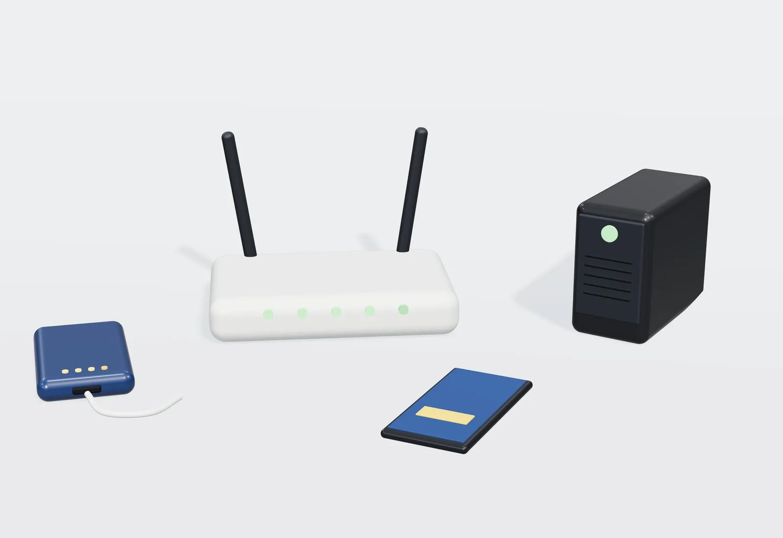 Un router blanco con antenas junto a un SAI negro, un teléfono móvil y una batería externa.