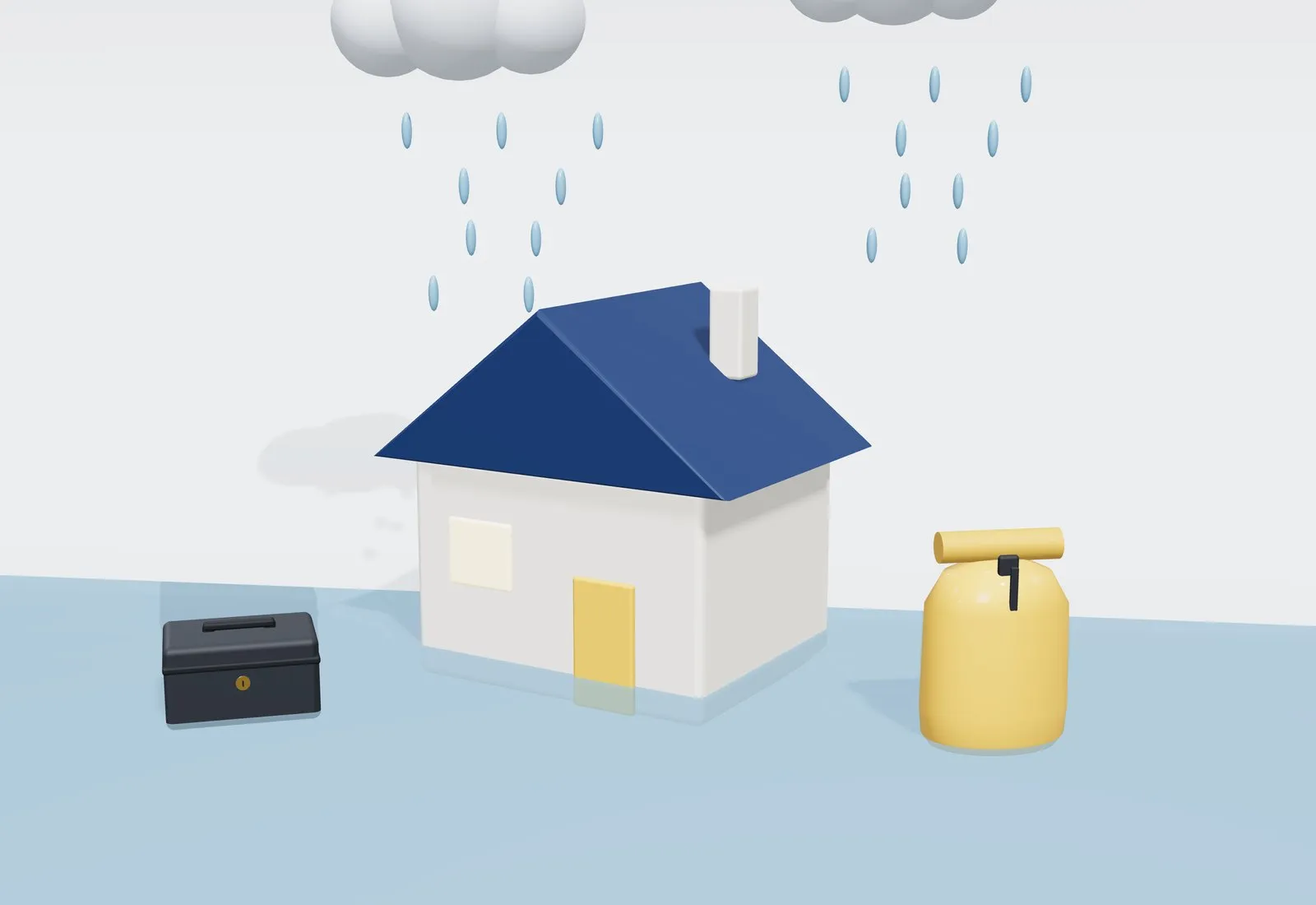 Una casa con sacos de arena en la puerta, una bolsa estanca y unas botas de agua.