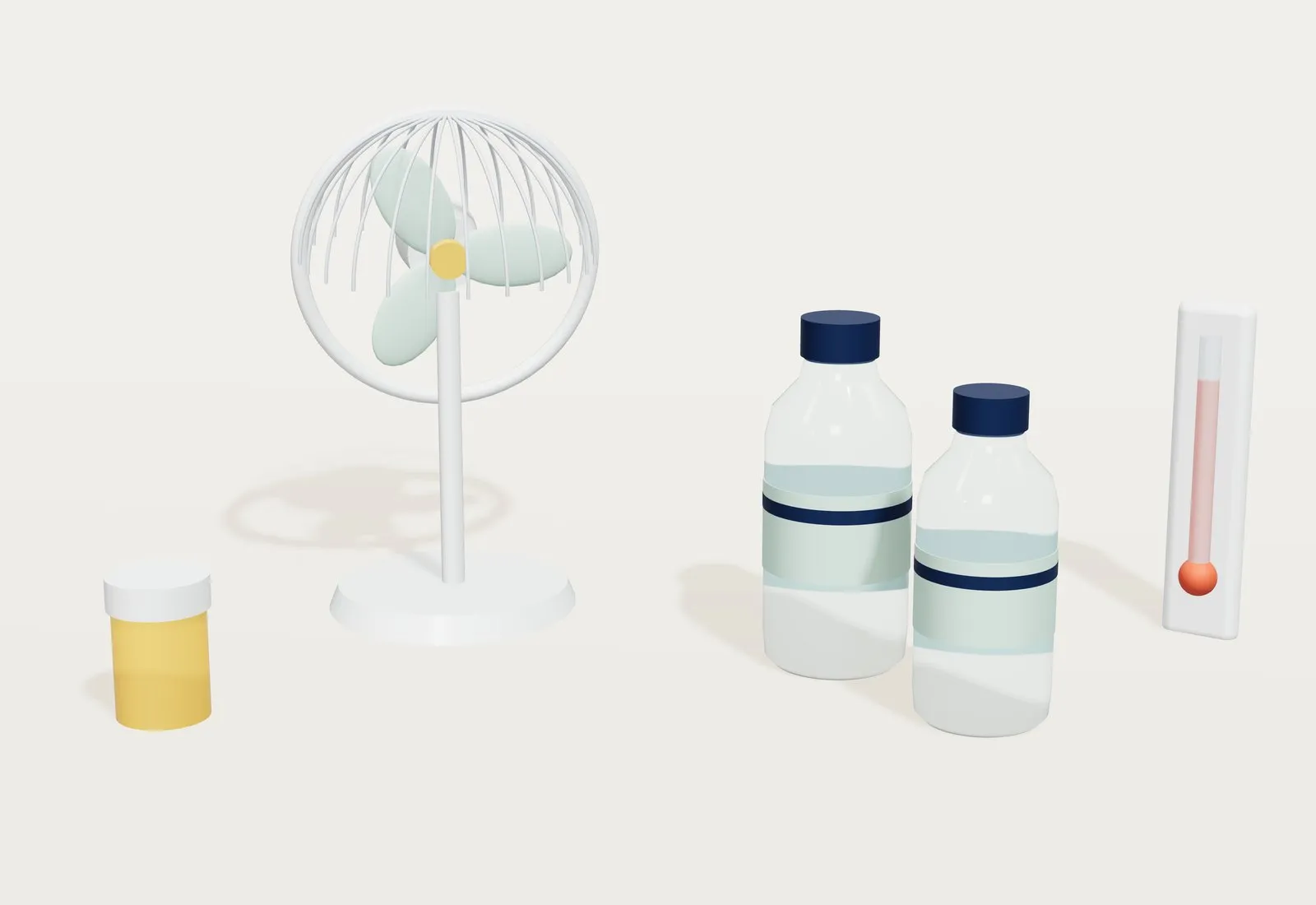 Ventilador blanco junto a dos botellas de agua, un termómetro con la columna alta y un bote de medicamentos.