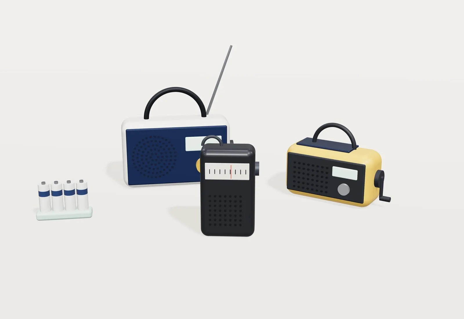 Tres radios: una de sobremesa azul, una de bolsillo negra y una de manivela amarilla, junto a un cargador de pilas.