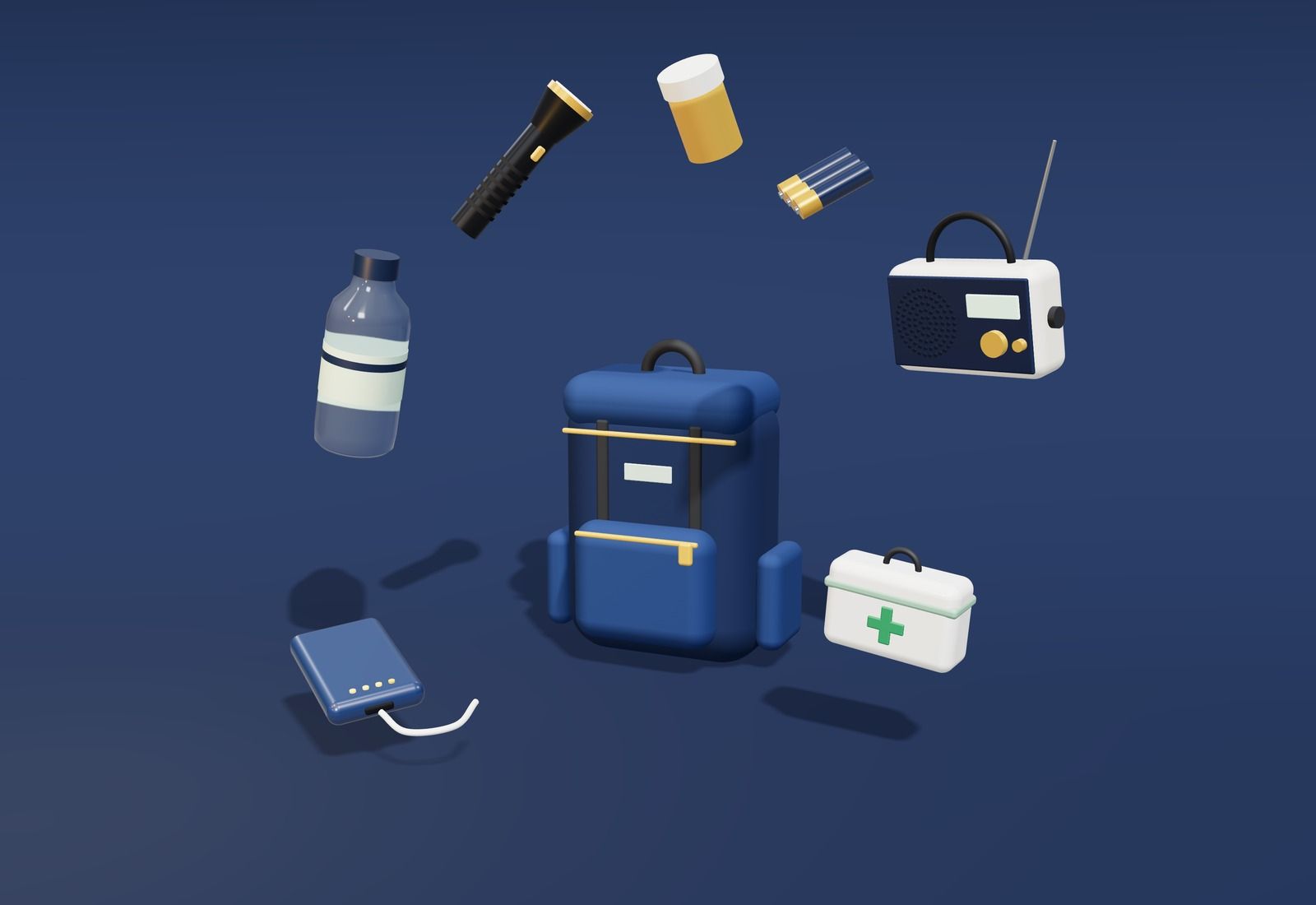 Mochila de emergencia con radio, linterna, botiquín, agua, pilas, medicamentos y batería externa.