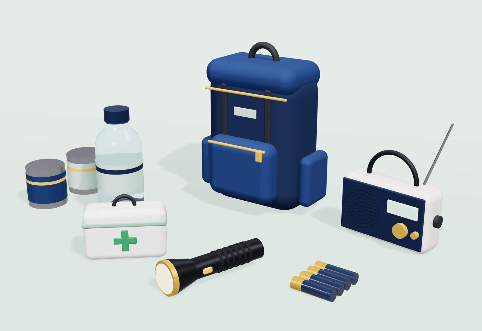Una mochila de emergencia con agua, radio, linterna, botiquín y latas de conserva.